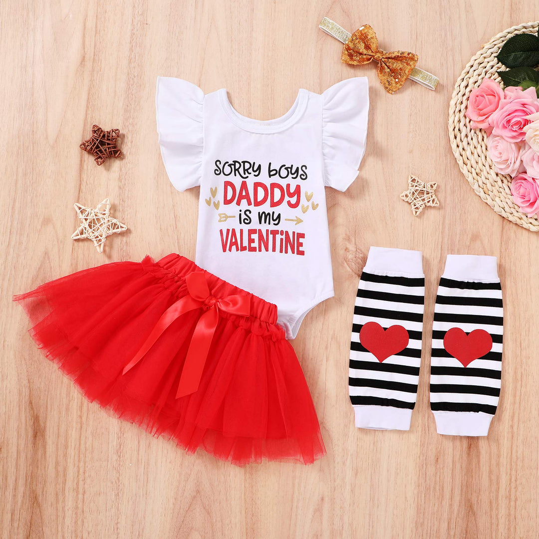 Newborn Baby Girls Skirt Outfits My First Valentine&#39;s Day Print Ruffle Romper+Tutu Dress+Leg Warmers+Headband 4Pcs Clothes Set (White-Daddy is my valentine, 0-3 months)
