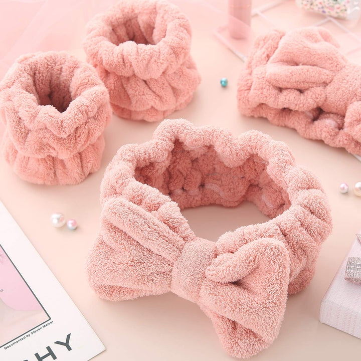 Chuangdi 4 Pcs Microfiber Headband Spa Wristbands and Wrist Bands for Washing Face Cuffs Towel Wristbands Hair Headband Face Wash Cuffs for Women Makeup(Pink)