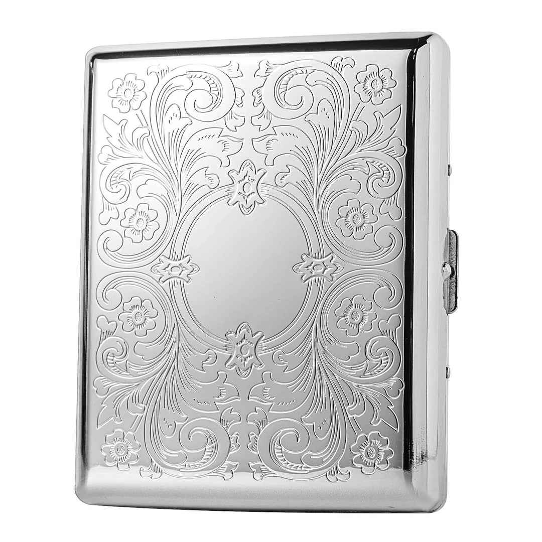 Metal Cigarette Case - Women and Men, Portable Double Sided Spring Clip Cigarette Case, Holds 20 Regular Size Cigarettes, Fits 100mm Cigarettes (Pattern Silver)