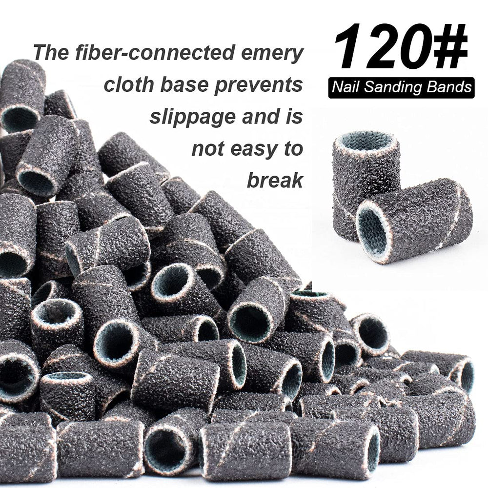 120# professional nail sanding bands for nail drill,drill sanding band with storage box,include 100 medium sand bands and 2 pieces mandrel for most size 3/32 nail drill machine