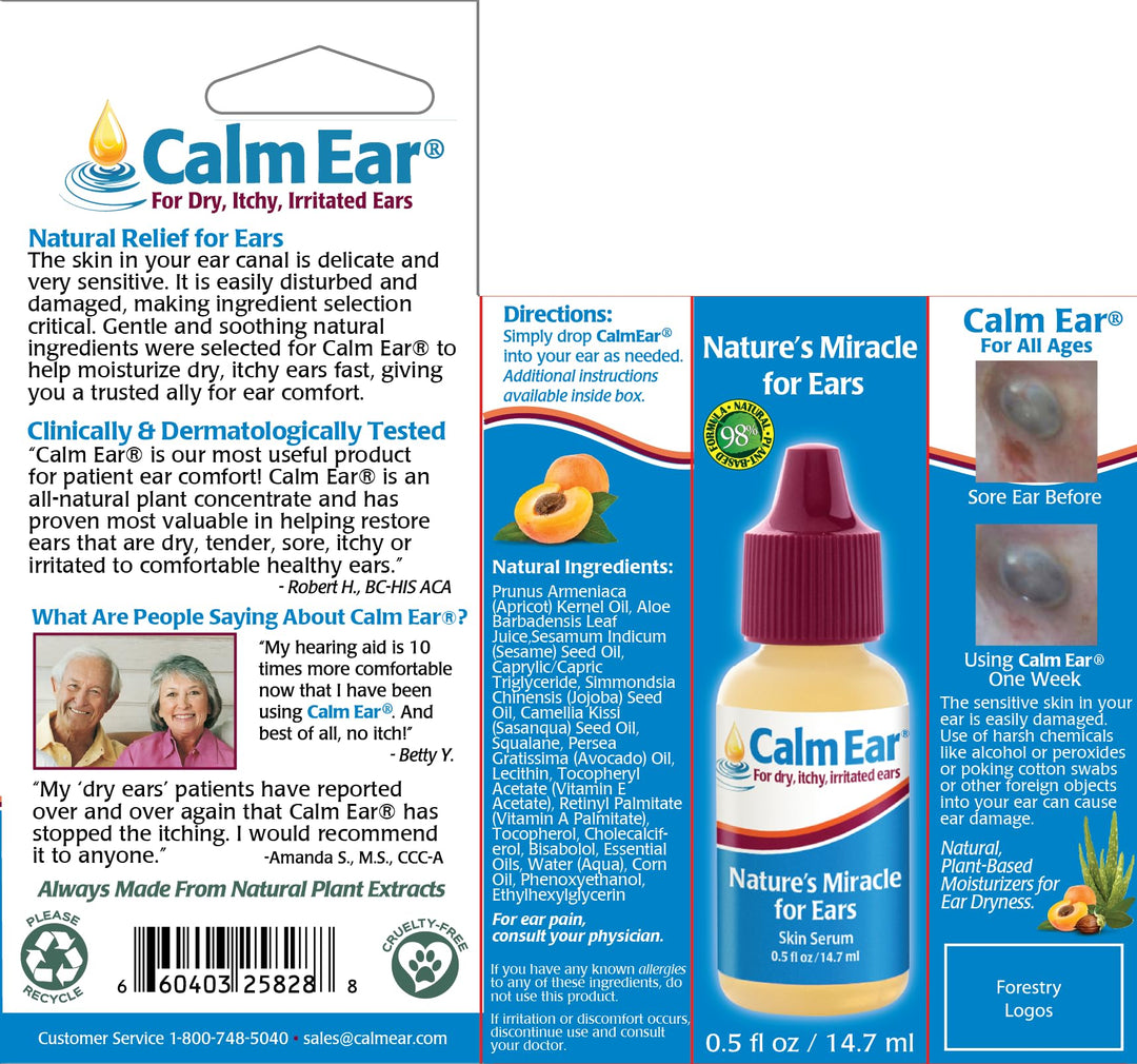 Calm Ear, Ear Drops for Itchy Ears, Clogged Ears, Irritated Ears, Dry Ears. All Natural Ear Oil for, Babies, Kids, Adults, Cats and Dogs. 0.5oz