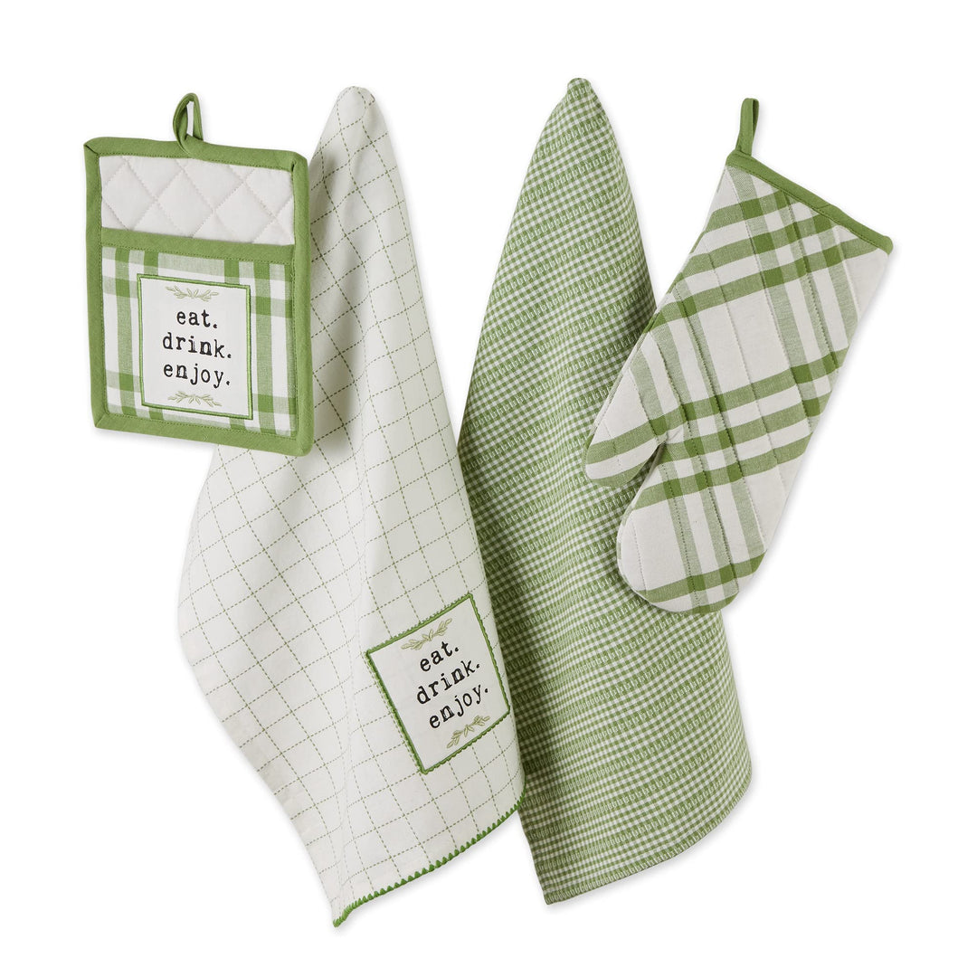 Home Sweet Farmhouse Kitchen Collection, Potholder/Oven Mitt/Dishtowel Set, Antique Green, 4 Count