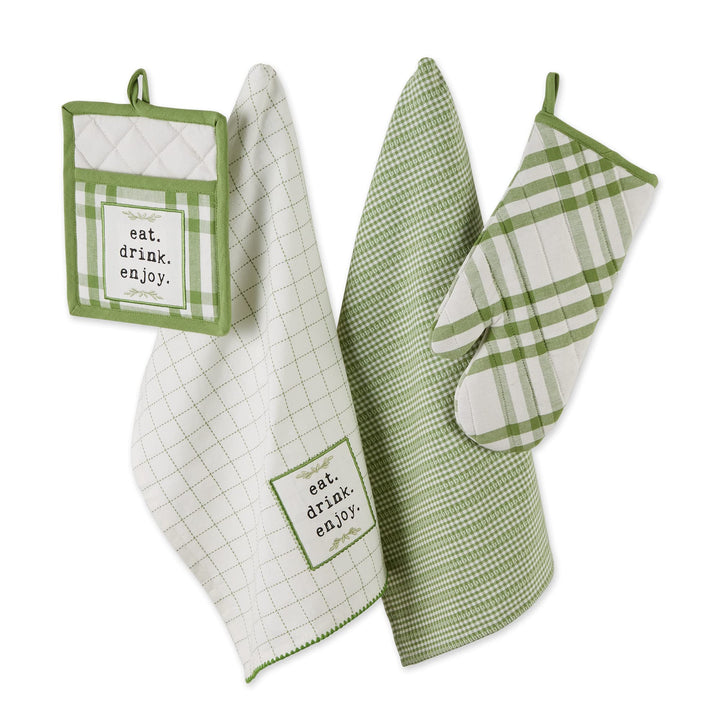 Home Sweet Farmhouse Kitchen Collection, Potholder/Oven Mitt/Dishtowel Set, Antique Green, 4 Count