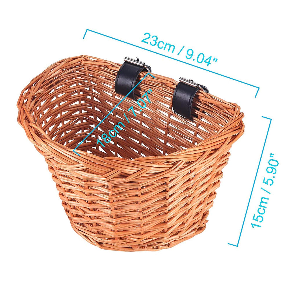Handlebar Bike Basket, Wicker Kids Bicycle Basket, Bike Accessory with Leather Straps, Hand-Woven Small Beach Cruiser Bike Basket for Girls Kids Small Cat Dog Basket, Knee Scooter Basket