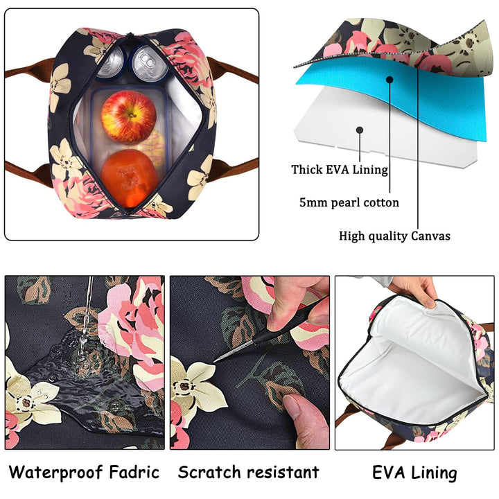 Lunch Bag Women Insulated Lunch Box Water-resistant Lunch Tote Thermal Lunch Cooler Soft Liner Lunch Bags for Lady Adults Work/Picnic/Beach/Fishing (Peony)