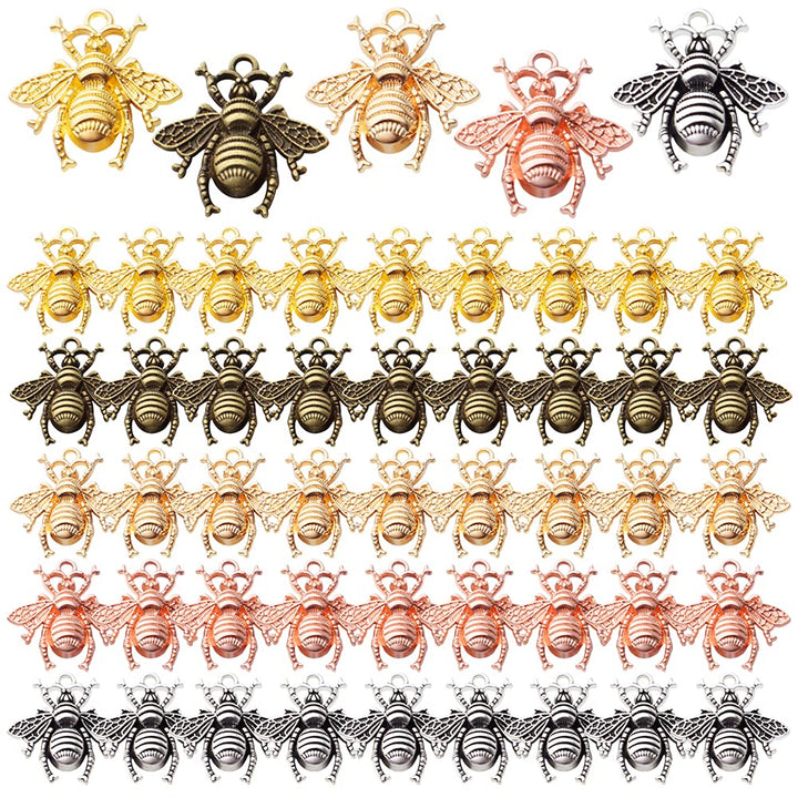 50pcs Alloy Bee Charms Honeybee Charm Pendants Insect Pendant for DIY Jewelry Craft Making Accessory,21mm×20mm,5 Colors