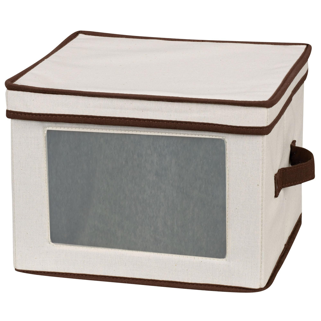 536 Dinnerware Storage Box with Lid and Handles | Storage Bin for Dinner Plates | Natural Canvas with Brown Trim