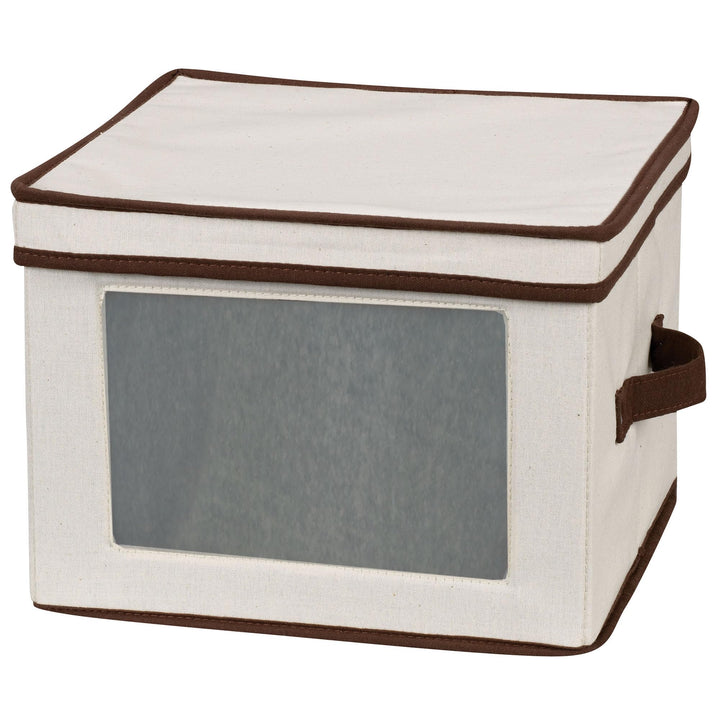 536 Dinnerware Storage Box with Lid and Handles | Storage Bin for Dinner Plates | Natural Canvas with Brown Trim