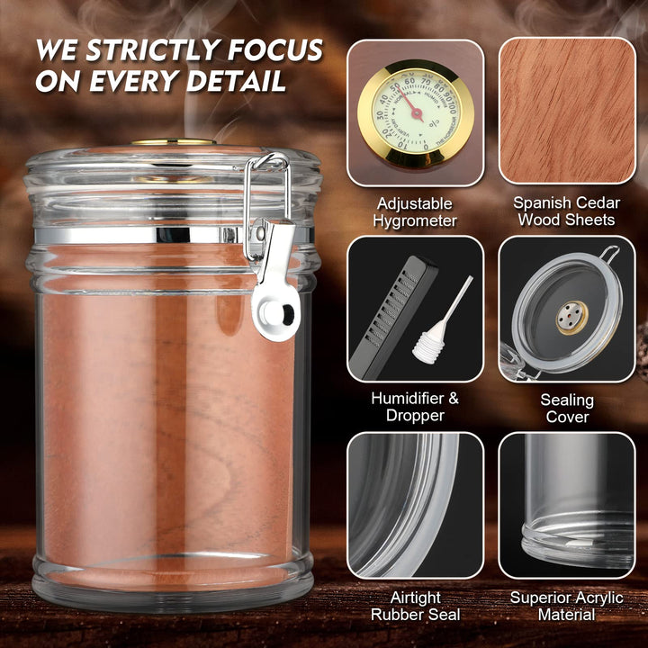 Acrylic Humidor Jar with Humidifier and Hygrometer,humidor That can Hold About 18 Cigars (Clear)