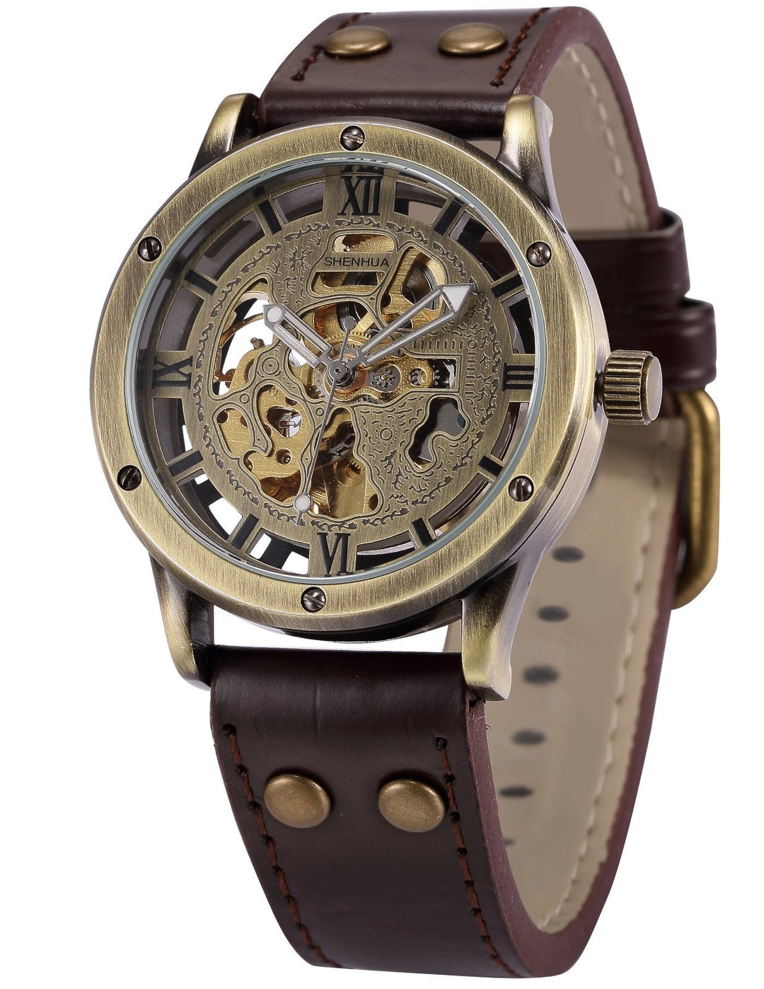 Vintage Bronze Roman Automatic Mechanical Men&#39;s Skeleton Brown Leather Strap Wrist Watch PMW362