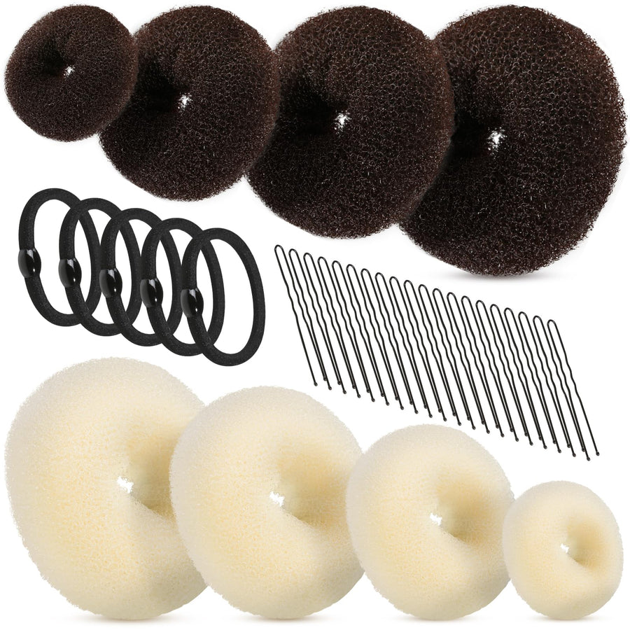 8pcs Hair Donut Bun, Ballet Hair Accessories with 4pcs Dark Brown Donut Bun Maker&4pcs Beige Sock Bun, 5 pieces Hair Elastic Bands, 20 pieces Hair Pins, (2 extra-large, 2 large, 2 medium and