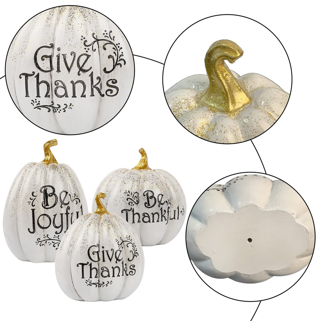 Thanksgiving Tabletop Decorations, Set of 3 Resin Pumpkins Seasonal Fall Autumn Centerpieces for Table Room Kitchen Office (White)