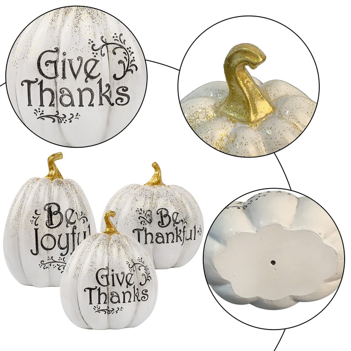 Thanksgiving Tabletop Decorations, Set of 3 Resin Pumpkins Seasonal Fall Autumn Centerpieces for Table Room Kitchen Office (White)