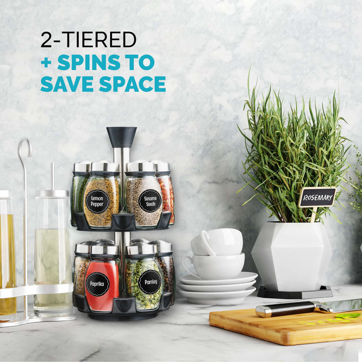 Revolving Spice Rack Organizer - Spinning Countertop Herb and Spice Organizer with 12 Glass Jar Bottles and Labels (Spices Not Included)
