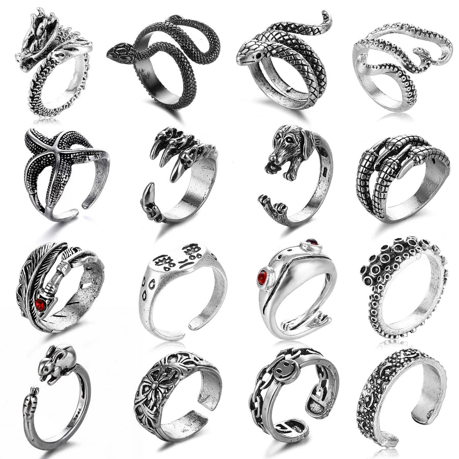 engagement ring, summer dresses, outdoor gifts,16 Pcs Vintage Punk Frog Ring Set, Gothic Moon Star Adjustable Snake Rings For Woman Cute Smile Dragon Rings For Teen Girls Boys Men