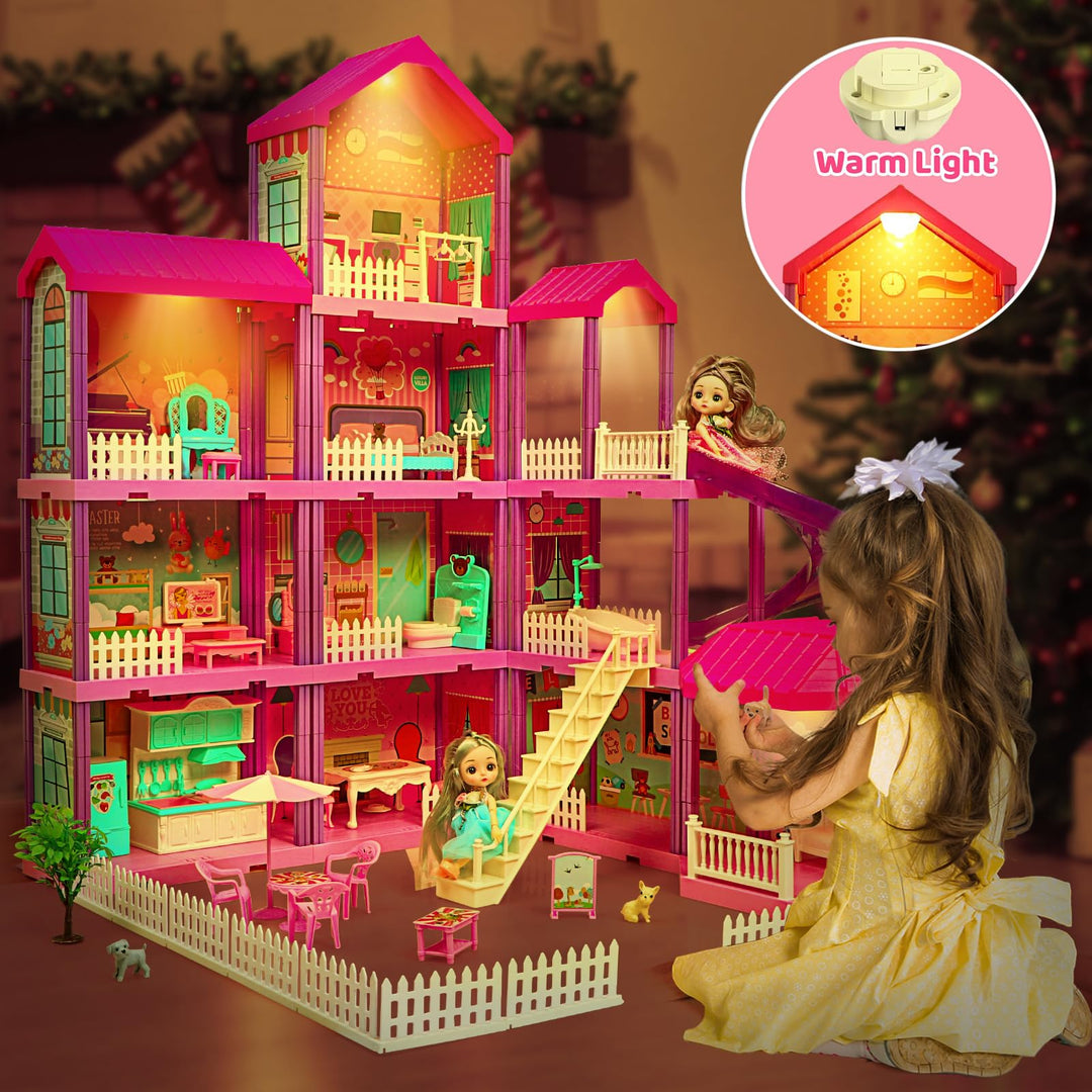 Doll House, Dream Dollhouse for Girls,Doll Houses 4-5 7-8 Year Old with 4 Stories -11 Rooms, 2 Dolls and Furniture, Princess Dollhouse 2024 Christmas Toy Gifts for 3 4 5 6 7 8+ Year Old Girls