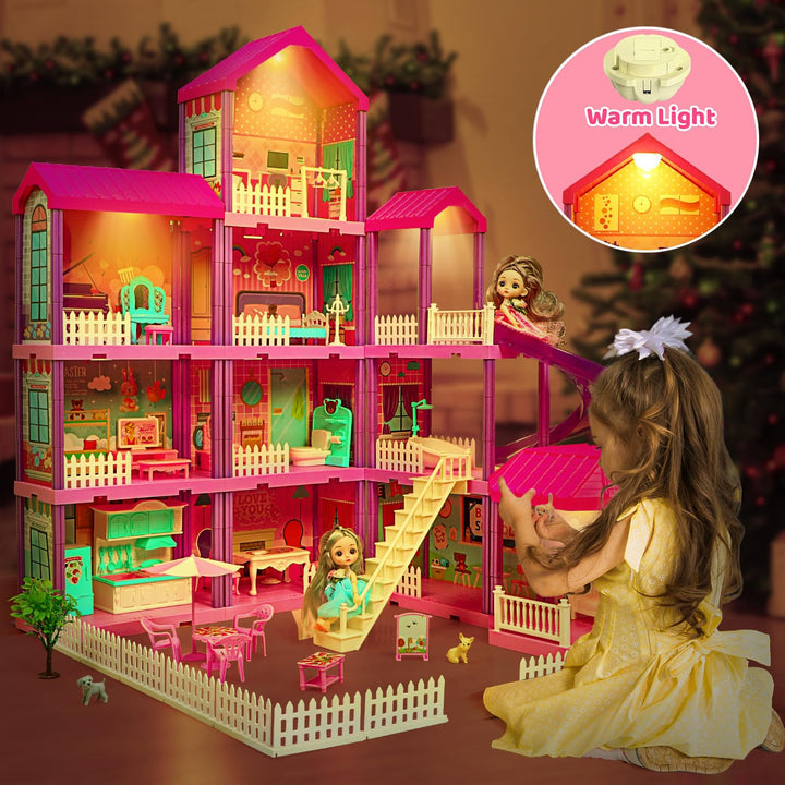 Doll House, Dream Dollhouse for Girls,Doll Houses 4-5 7-8 Year Old with 4 Stories -11 Rooms, 2 Dolls and Furniture, Princess Dollhouse 2024 Christmas Toy Gifts for 3 4 5 6 7 8+ Year Old Girls