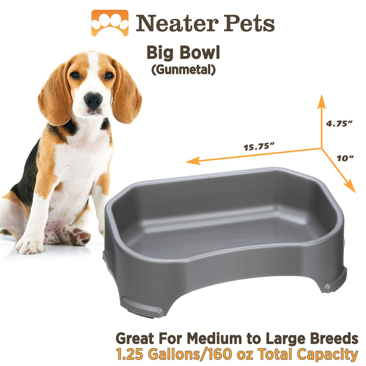 Big Bowl - Extra Large Water Bowl for Dogs (1.25 Gallon Capacity, 160 oz) - Huge Over Size Pet Bowl - Gunmetal Grey