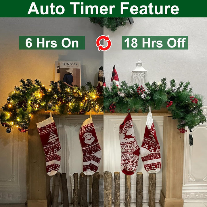 6 Ft 30 LED Prelit Christmas Garland with Lights Timer 8 Modes 170 Branch Snowy Bristle 8 Pinecones 88 Red Berries Battery Operated Cedar Garland Christmas Decorations Home Indoor Mantle
