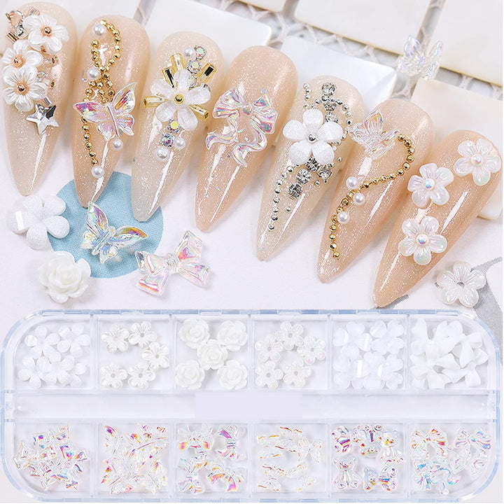 3D Acrylic Butterfly White Flowers Bear Nail Charms Kawaii Nail Charms Mixed Starry AB Crystal Nail Rhinestones Multi Sizes Crystal Gems Stones for Nail Art DIY Jewelry Accessories Crafting