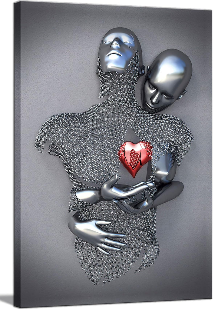 Bedroom Wall Decor,Framed Romantic Couple Living Room Canvas wall art,Love Heart 3D Metal Sculpture Effect,Black and White Modern Abstract hug Lovers Painting Picture Poster Prints for Bathroom Hotel