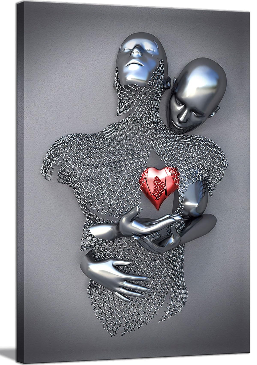 Bedroom Wall Decor,Framed Romantic Couple Living Room Canvas wall art,Love Heart 3D Metal Sculpture Effect,Black and White Modern Abstract hug Lovers Painting Picture Poster Prints for Bathroom Hotel