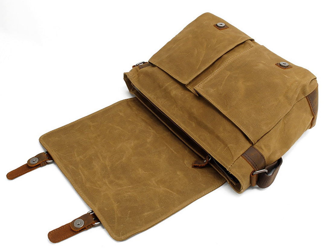 Mens Waxed Canvas Messenger Bag Shoulder Satchel Leather Crossbody Bag for Laptop (M49_Khaki)