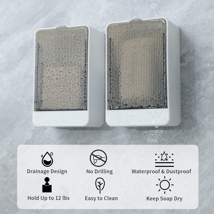 Bar Soap Holder Dish Shower 2 PCS Self Draining Soap Container with Lid, Wall Mounted Soap Box Tray for Bathroom Bathtub Sink, Waterproof White, Adhesive Include (White)