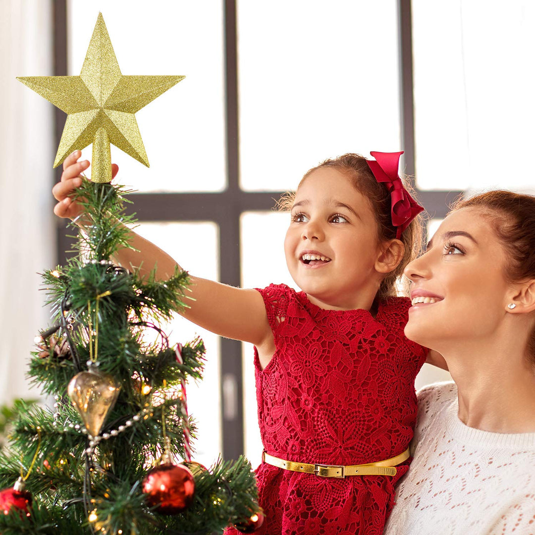 8 Inches Glitter Star Mini Christmas Tree Topper Shatter-Proof Small Christmas Tree Decoration Treetop for Holiday Ornament or Home Décor