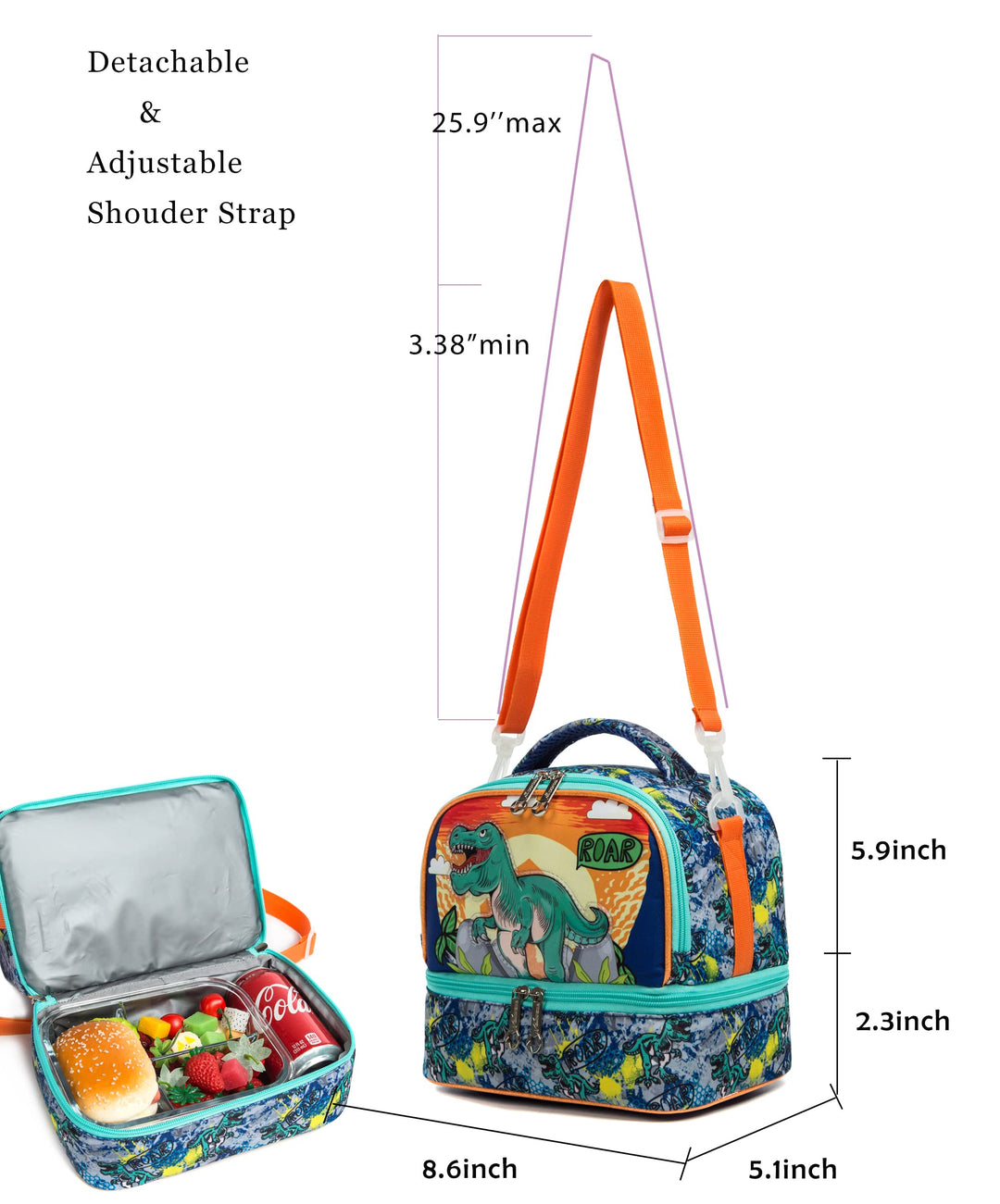 Kids Lunch Bag Insulated Bento Cooler Bag Two compartments Cooler for Boys and Girls with Adjustable Strap Travel Lunch Tote