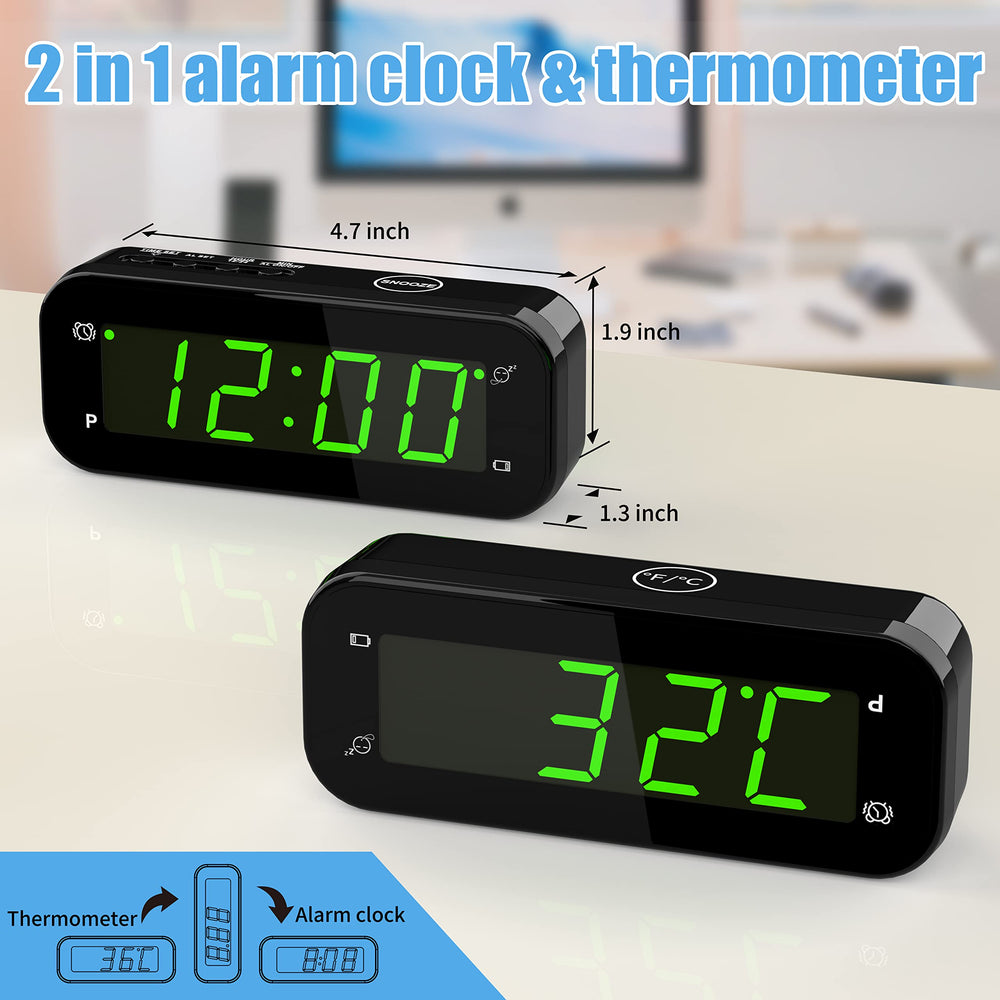 2 in 1 Alarm Clock, Indoor Thermometer, 12/24Hr, °C / °F, 3 Level Brightness, Auto Night-Mode, Snooze, Battery Powered, Portable Clock for Travel, Bedroom, Bedside, Desk, Office, Kids, Eldly