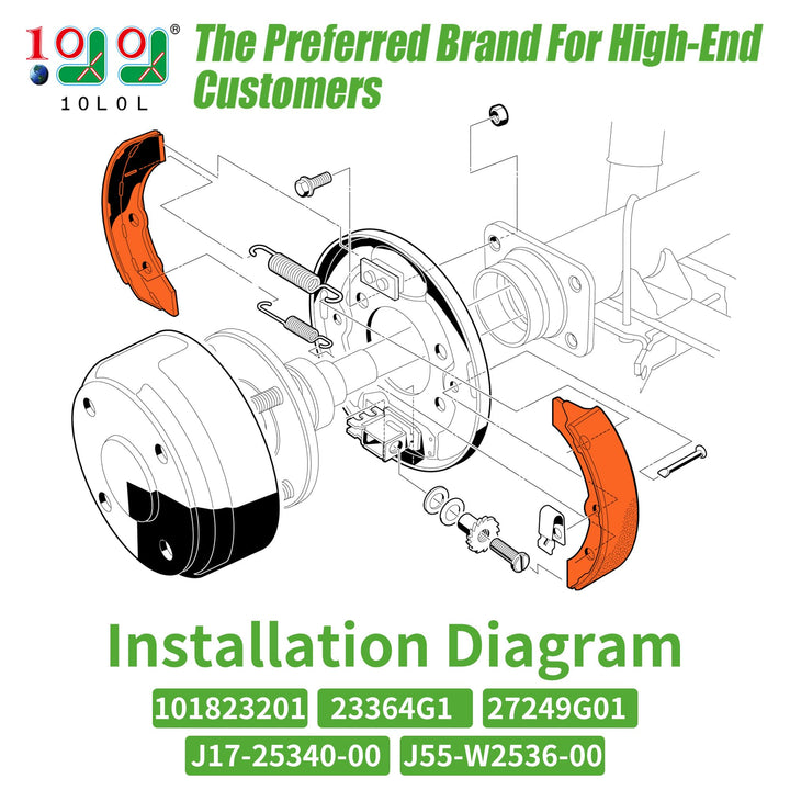 10L0L Golf Cart Brake Shoes for Yamaha G1 G2 G8 G9 Club Car 1995-up, EZGO 1986.5-Up (2 Long, 2 Short) 1018232-01 27249G01 17-25340-00