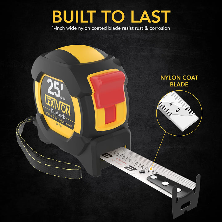 25Ft/7.5m DuaLock Tape Measure | 1-Inch Wide Blade with Nylon Coating, Matt Finish White &amp; Yellow Dual Sided Rule Print | Ft/Inch/Fractions/Metric (LX-206)