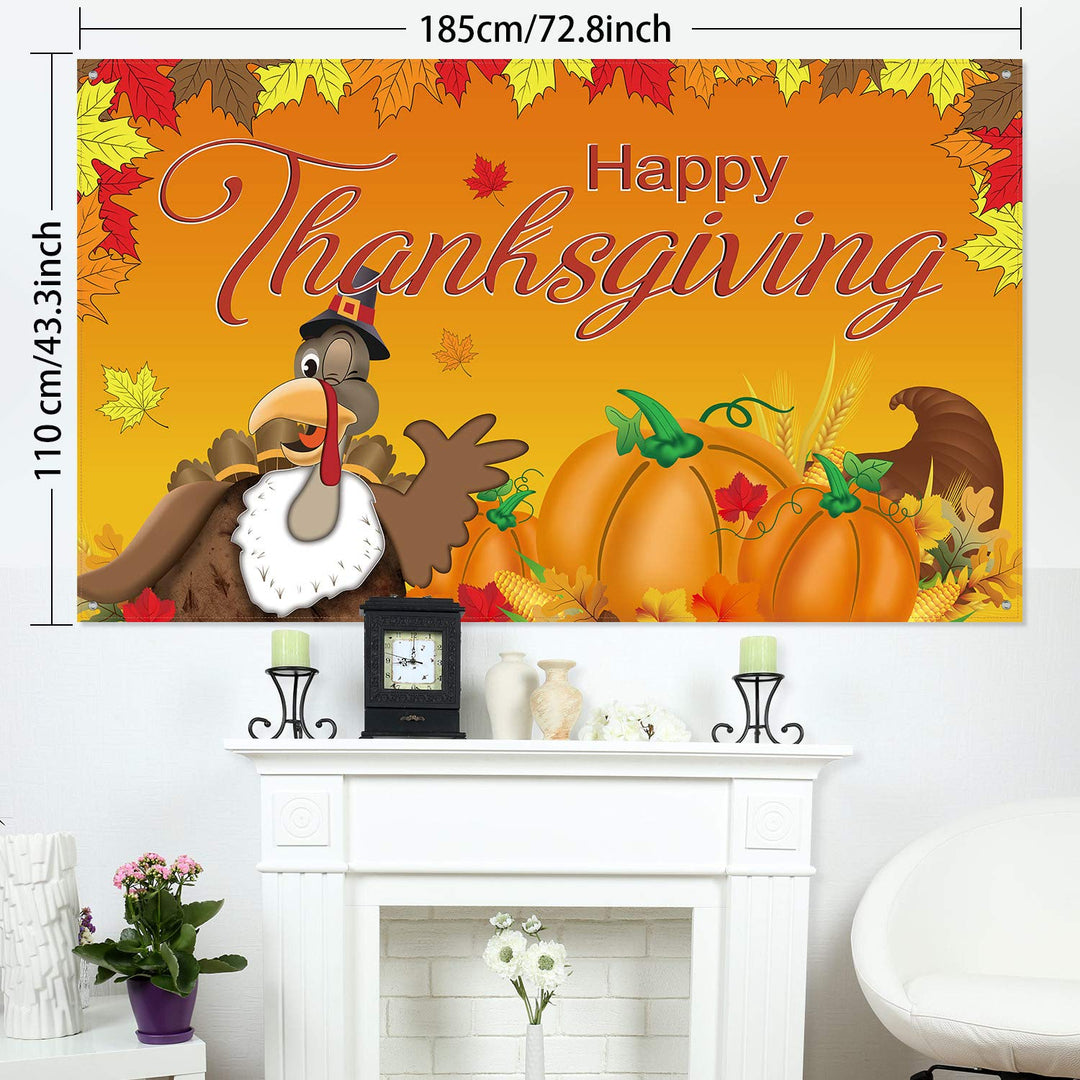 Happy Thanksgiving Background Fall Banner Thanksgiving Decorations Turkey Maple Leaves Pumpkin Banner for Fall Party Supplies , 72.8 x 43.3 Inch
