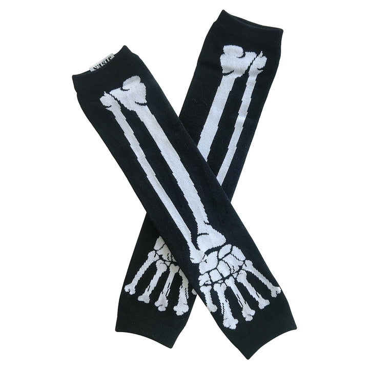 Women Punk Winter Arm Warmer Knitted Stretchy Soft Fingerless Gloves White Skeleton