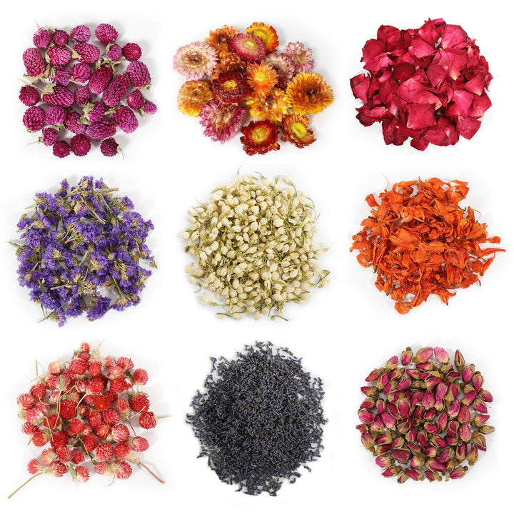9 Bags Dried Flowers,100% Natural Dried Flowers Herbs Kit for Soap Making, DIY Candle Making,Bath - Include Rose Petals,Lavender,Don&#39;t Forget Me,Lilium,Jasmine,Rosebudsand More