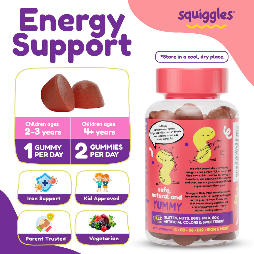 Kids Daily Iron+ Gummies - Chewable Supplement with Iron, Multivitamin for Children, Low Sugar, Vegan, Toddler Gummies, Yummy Grape Flavor (100 Count)