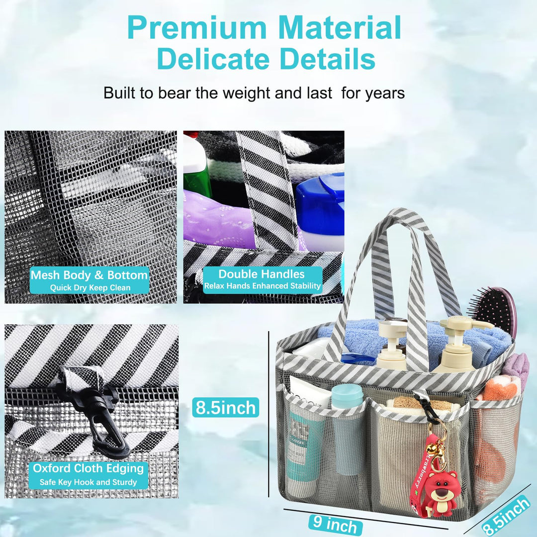 Mesh Shower Caddy Bag, Portable College Dorm Bathroom Tote, Quick Dry Holder for Camp Gym, 8 Basket Pockets with Key Hook and 2 Oxford Handles, Gray