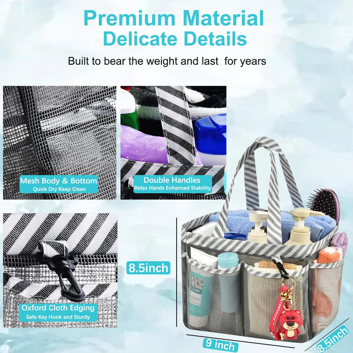 Mesh Shower Caddy Bag, Portable College Dorm Bathroom Tote, Quick Dry Holder for Camp Gym, 8 Basket Pockets with Key Hook and 2 Oxford Handles, Gray