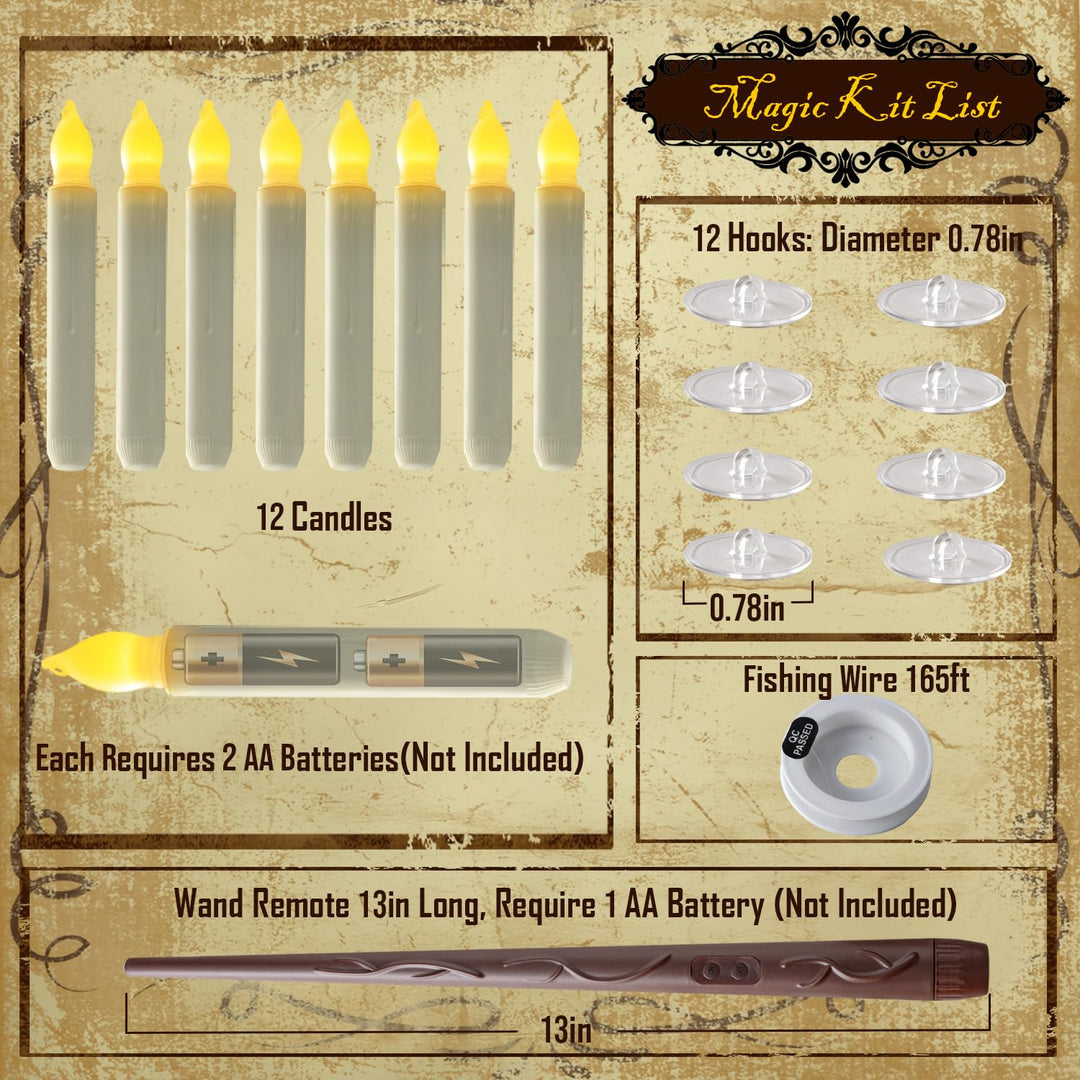 Hanging Floating Candles, NO Remote, 6.5 Inches Battery Operated Candlesticks, Flickering Flameless Taper Candles, 12 Pcs Dripless LED Handheld Candles Lights for Church Wedding Halloween