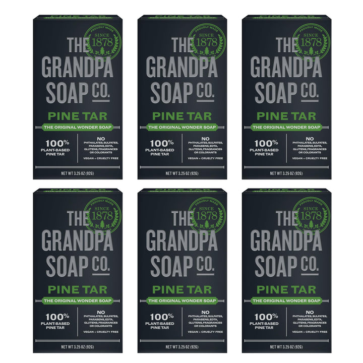 Pine Tar Bar Soap for Men- Made With 100% Plant-Based Pine Tar Oil, 3 in 1 Cleanser Deodorizer and Moisturizer, Dermatologist Tested, Safe for Sensitive Skin, 3.25 Oz, 6 Pack