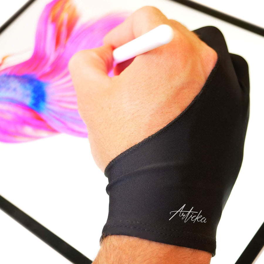 Drawing Glove for Digital Drawing Tablet, iPad (Smudge Guard, Two-Finger, Reduces Friction, Elastic Lycra, Good for Right and Left Hand)(Small, Black)