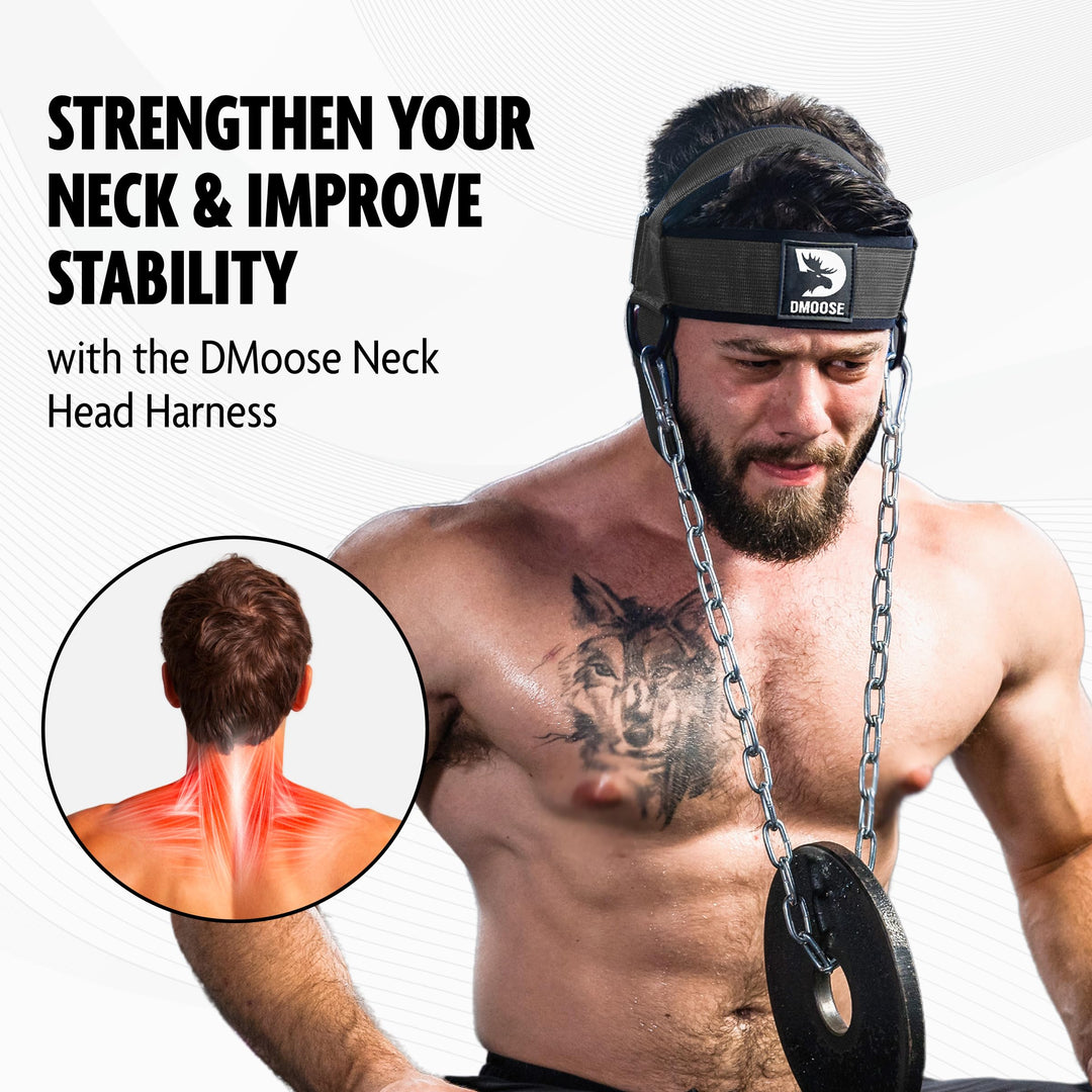 DMoose Neck Harness for Weight Lifting - Neck Exerciser with 30 Heavy Duty Steel Chain - Neck Strengthener to Support Injury Recovery &amp; Neck Workout - Neck Trainer with Adjustable Head &amp; Chin Strap