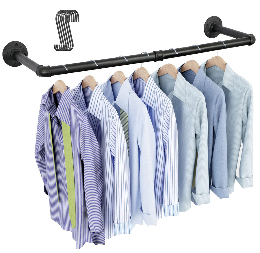 Industrial Pipe Clothing Rack 38.4, Heavy Duty Detachable Wall Mounted Clothes Rack Black Iron Garment Bar, Multi-purpose Hanging Rod for Closet Storage, Black (Two Base)