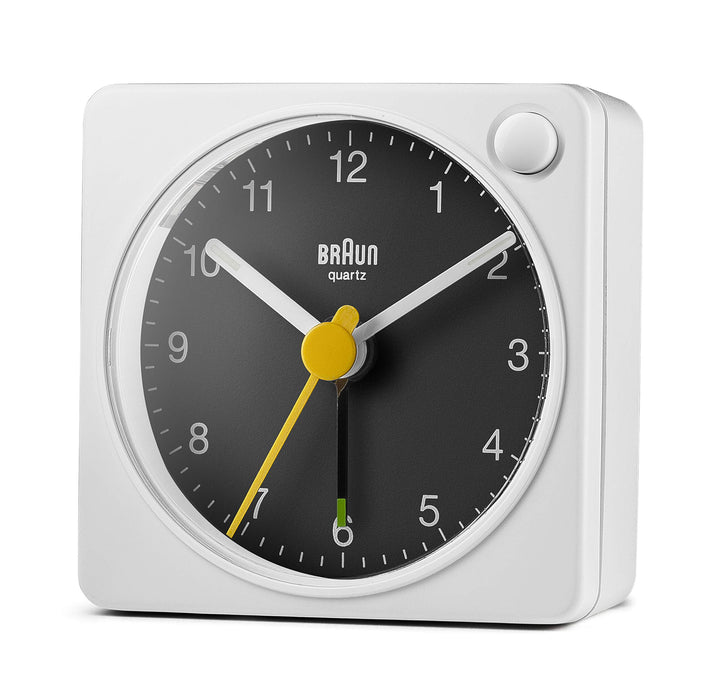 Braun Classic Travel Analogue Alarm Clock with Snooze and Light, Compact Size, Quiet Quartz Movement, Crescendo Beep Alarm in White and Black, Model BC02XWB.