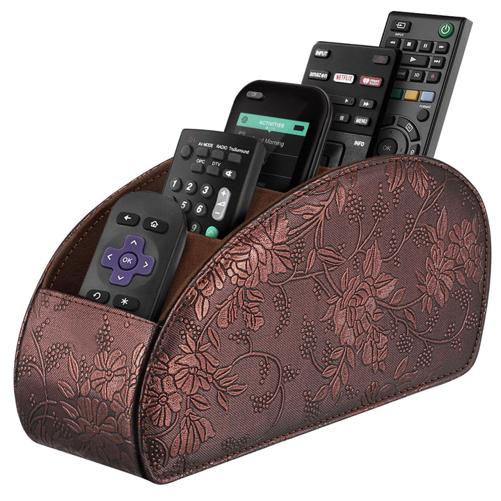 Remote Control Holder with 5 Compartments - PU Leather Remote Caddy Desktop Organizer Store TV, DVD, Blu-Ray, Media Player, Heater Controllers, Antique