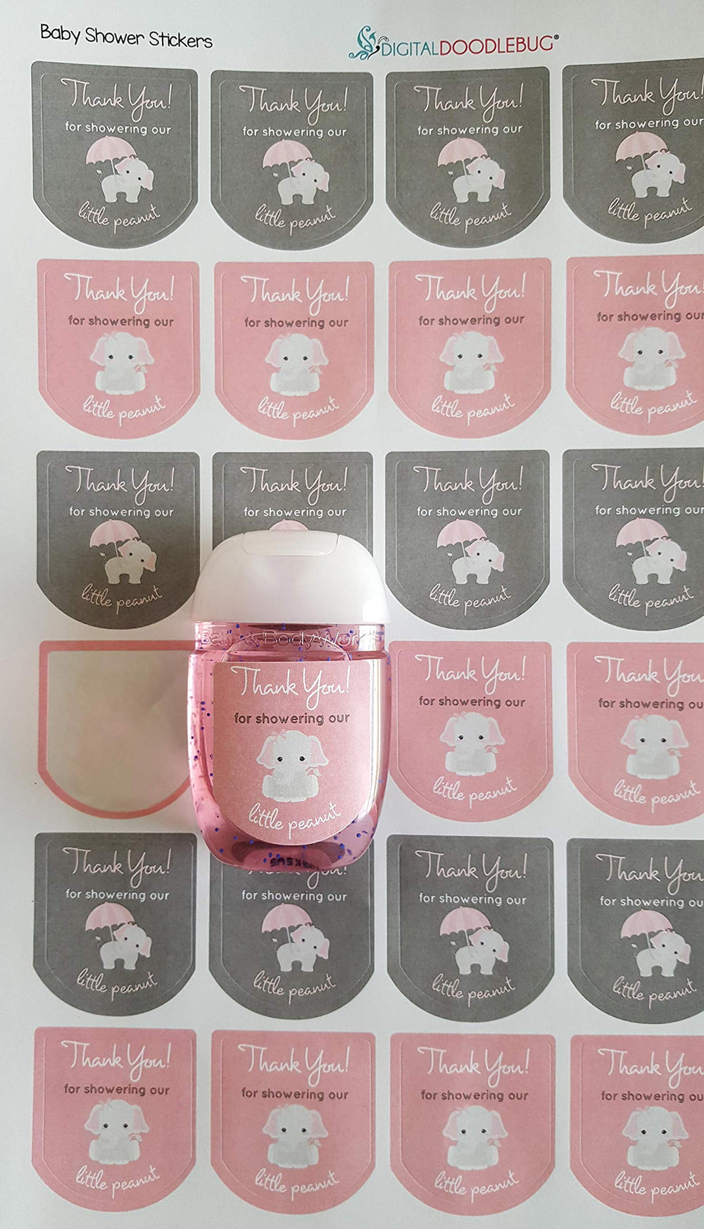 90 Labels Thank You Stickers Baby Shower Favors Gray Elephant (Pink)