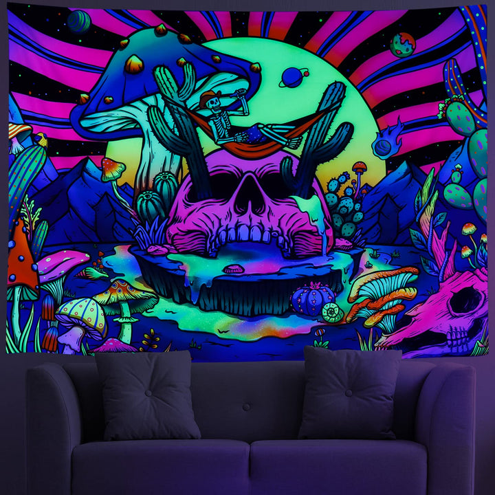 Amonercvita Blacklight Skull Tapestry UV Reactive Mushr