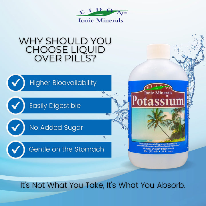 Liquid Potassium Supplement - Potassium Chloride Drops, Essential Electrolyte for Cell Function, Bioavailable Ionic Minerals, All Natural, No-Preservatives or Additives - 18 oz