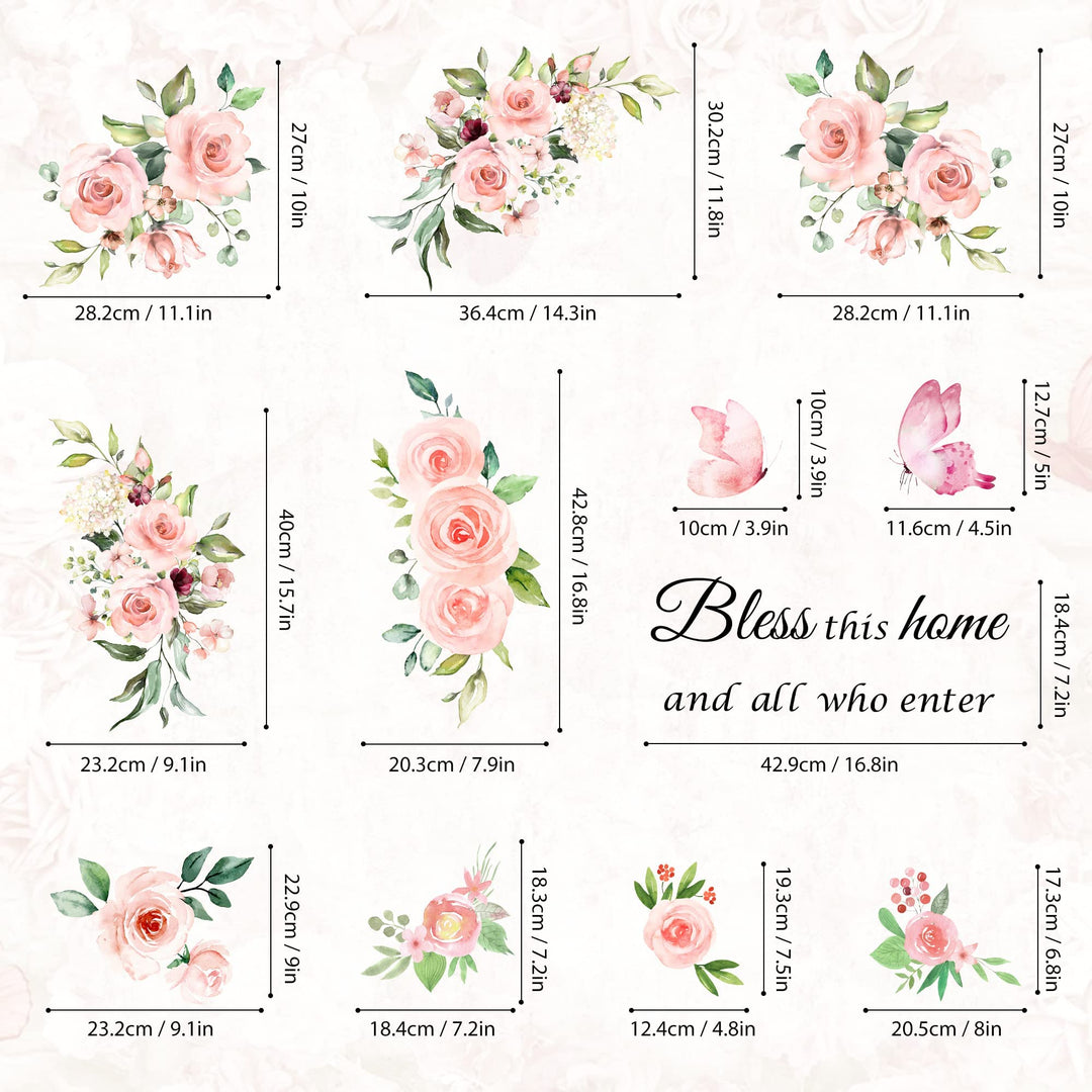Floral Wall Decals Stickers Bless This Home and All Who Enter Decor Quotes Saying Wall Stickers Rose Peony Pink Flower Wall Decals Blossom Butterfly Decal for Girls Woman Bedroom Living Room Home